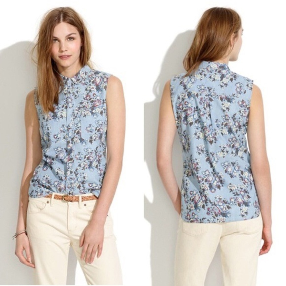 MADEWELL Blue Sleeveless Floral Chambray Top